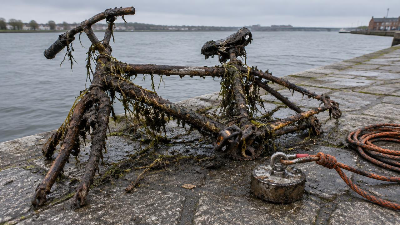 Gammal rostig cykel uppdragen på en kaj bredvid en fiskemagnet