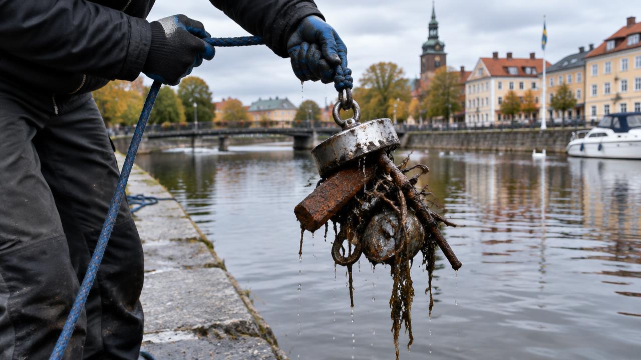 Magnetfiskare drar upp rostigt skrot ur en kanal