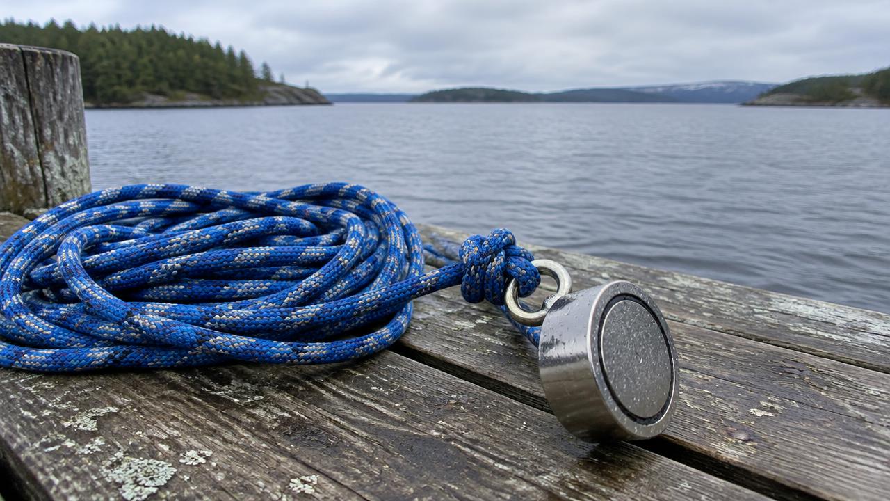 Fiskemagnet med rep på en brygga
